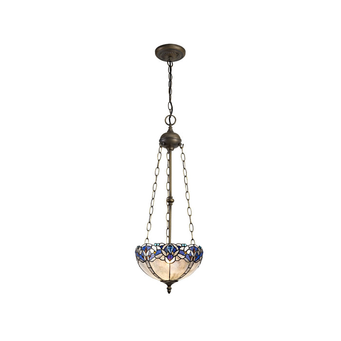 Nelson Lighting NLK01529 Ossie 3 Light Up Lighter Pendant With 30cm Tiffany Shade Blue/Clear Crystal/Aged Antique Brass