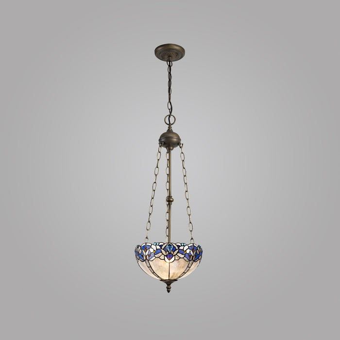 Nelson Lighting NLK01529 Ossie 3 Light Up Lighter Pendant With 30cm Tiffany Shade Blue/Clear Crystal/Aged Antique Brass