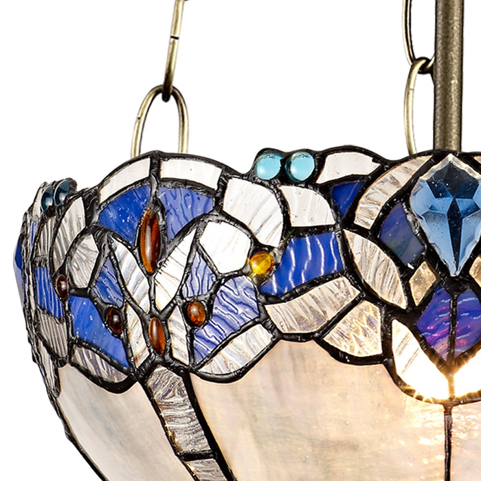 Nelson Lighting NLK01529 Ossie 3 Light Up Lighter Pendant With 30cm Tiffany Shade Blue/Clear Crystal/Aged Antique Brass