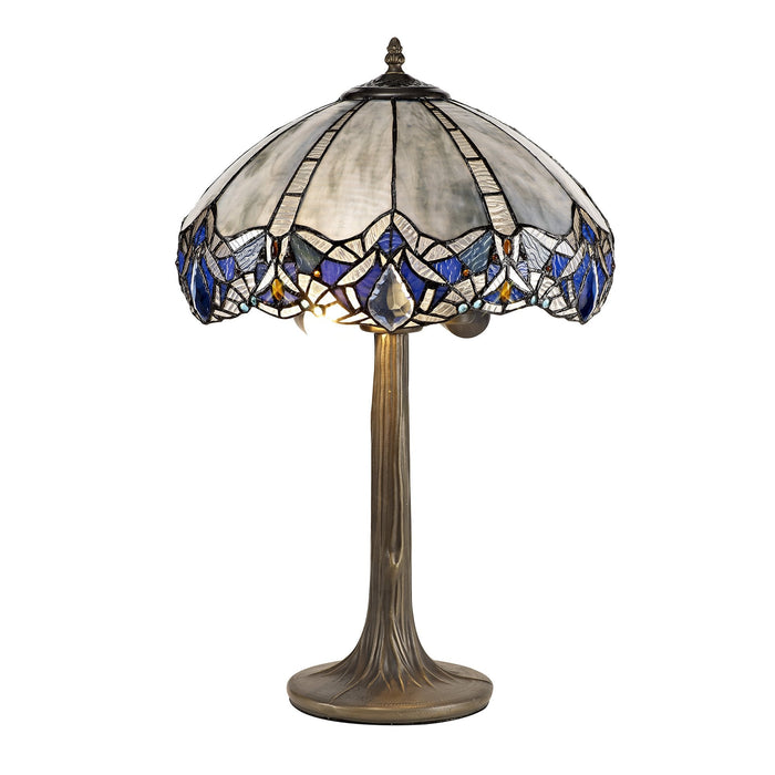 Nelson Lighting NLK01539 Ossie 2 Light Tree Like Table Lamp With 40cm Tiffany Shade Blue/Clear Crystal/Aged Antique Brass