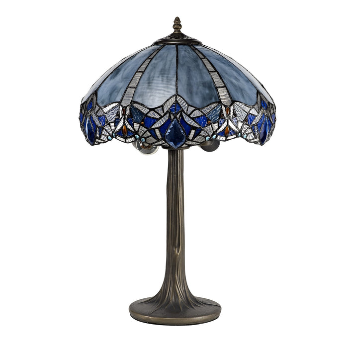 Nelson Lighting NLK01539 Ossie 2 Light Tree Like Table Lamp With 40cm Tiffany Shade Blue/Clear Crystal/Aged Antique Brass