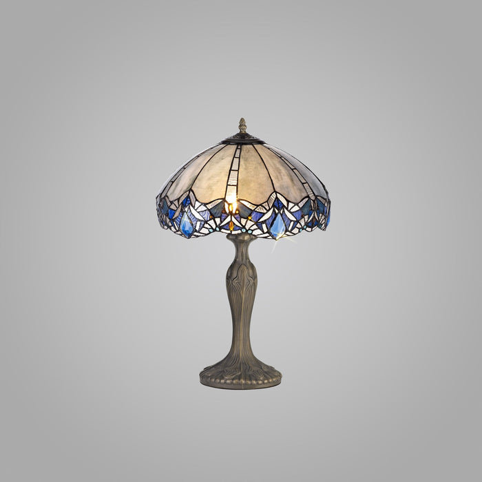 Nelson Lighting NLK01549 Ossie 2 Light Curved Table Lamp With 40cm Tiffany Shade Blue/Clear Crystal/Aged Antique Brass