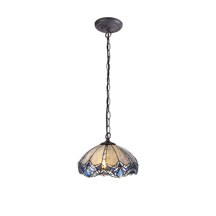 Nelson Lighting NLK01569 Ossie 1 Light Down Light Pendant With 40cm Tiffany Shade Blue/Clear Crystal/Aged Antique Brass