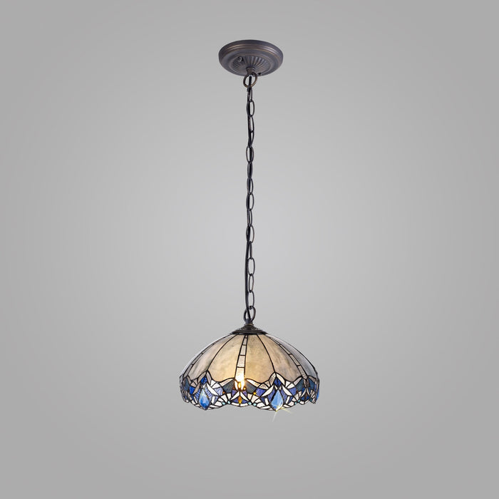 Nelson Lighting NLK01569 Ossie 1 Light Down Light Pendant With 40cm Tiffany Shade Blue/Clear Crystal/Aged Antique Brass