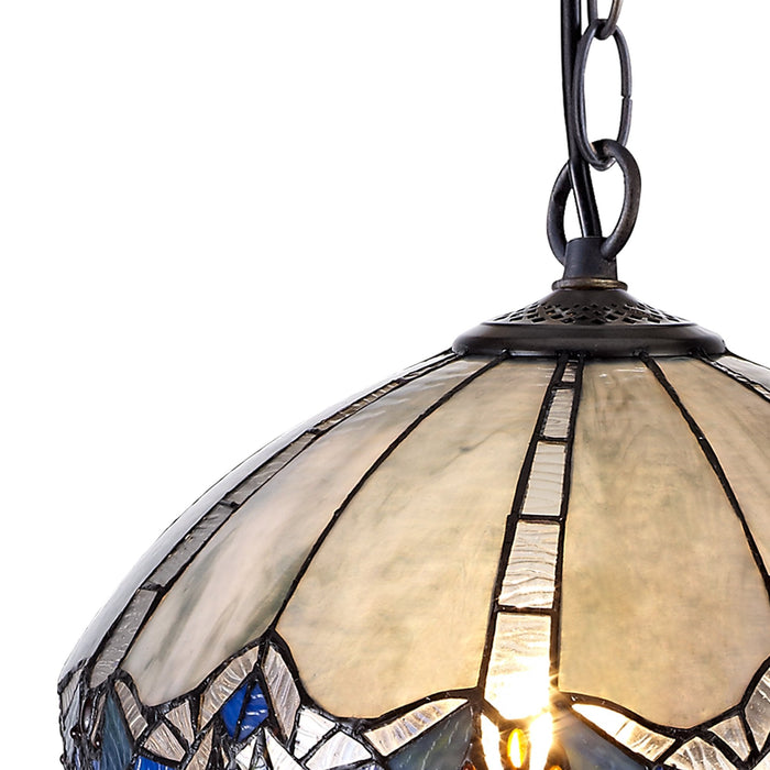 Nelson Lighting NLK01569 Ossie 1 Light Down Light Pendant With 40cm Tiffany Shade Blue/Clear Crystal/Aged Antique Brass