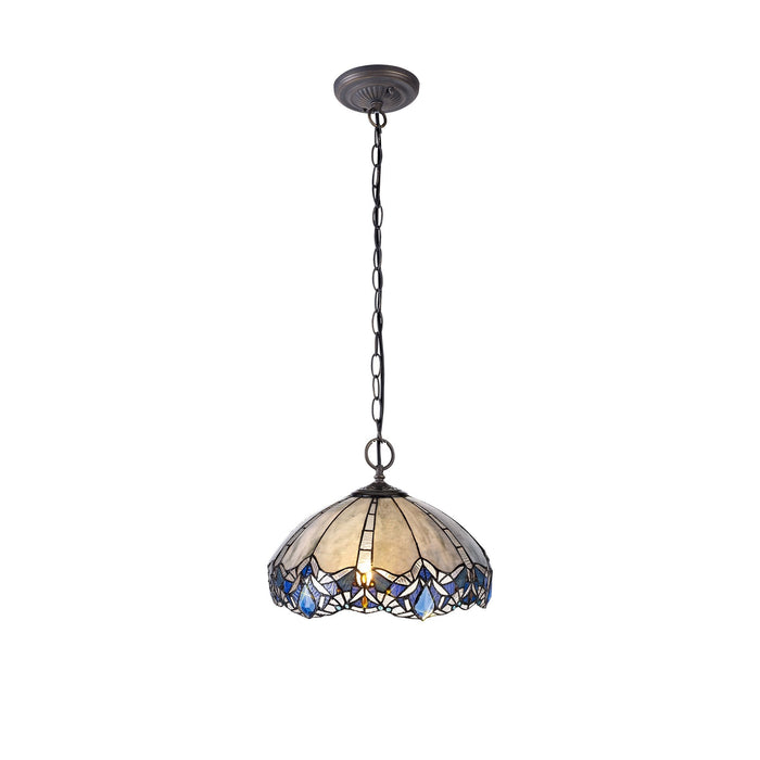 Nelson Lighting NLK01579 Ossie 2 Light Down Light Pendant With 40cm Tiffany Shade Blue/Clear Crystal/Aged Antique Brass