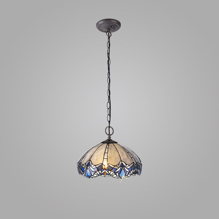 Nelson Lighting NLK01579 Ossie 2 Light Down Light Pendant With 40cm Tiffany Shade Blue/Clear Crystal/Aged Antique Brass