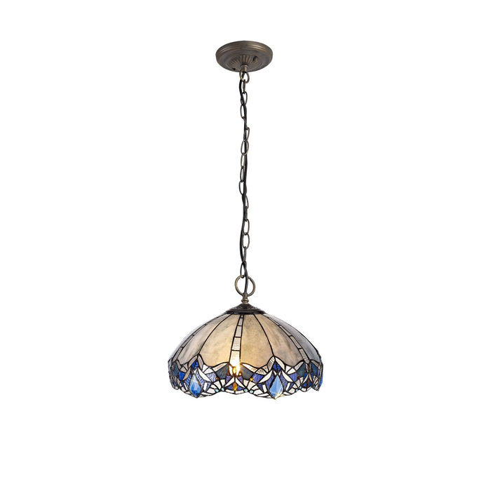 Nelson Lighting NLK01589 Ossie 3 Light Down Light Pendant With 40cm Tiffany Shade Blue/Clear Crystal/Aged Antique Brass