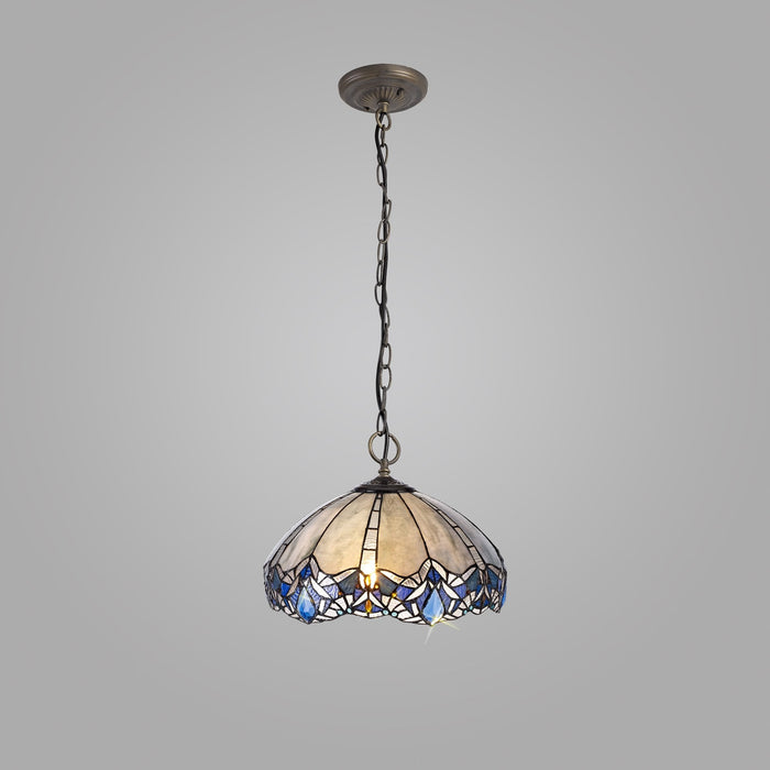 Nelson Lighting NLK01589 Ossie 3 Light Down Light Pendant With 40cm Tiffany Shade Blue/Clear Crystal/Aged Antique Brass