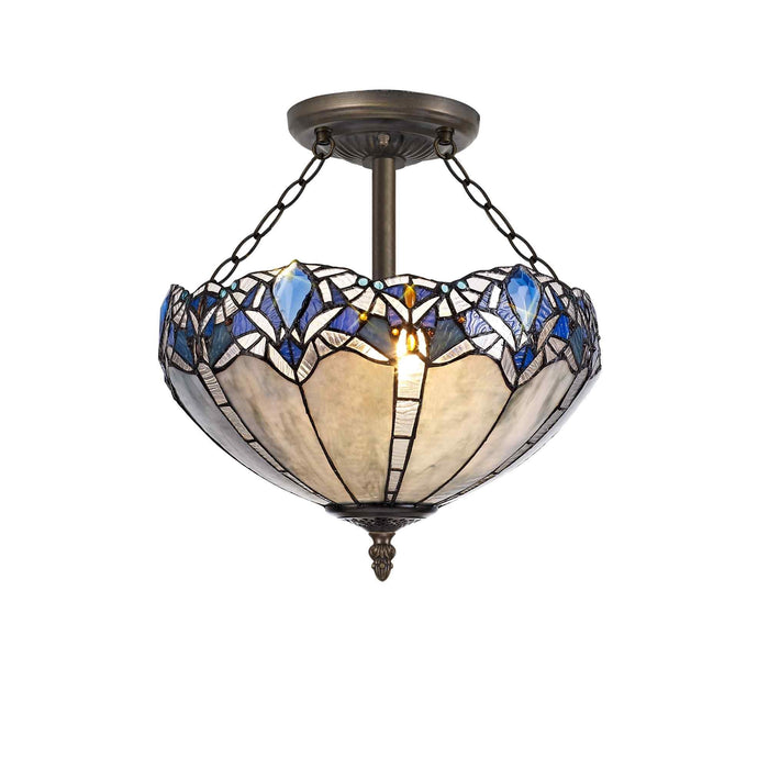 Nelson Lighting NLK01599 Ossie 3 Light Semi Ceiling With 40cm Tiffany Shade Blue/Clear Crystal/Aged Antique Brass