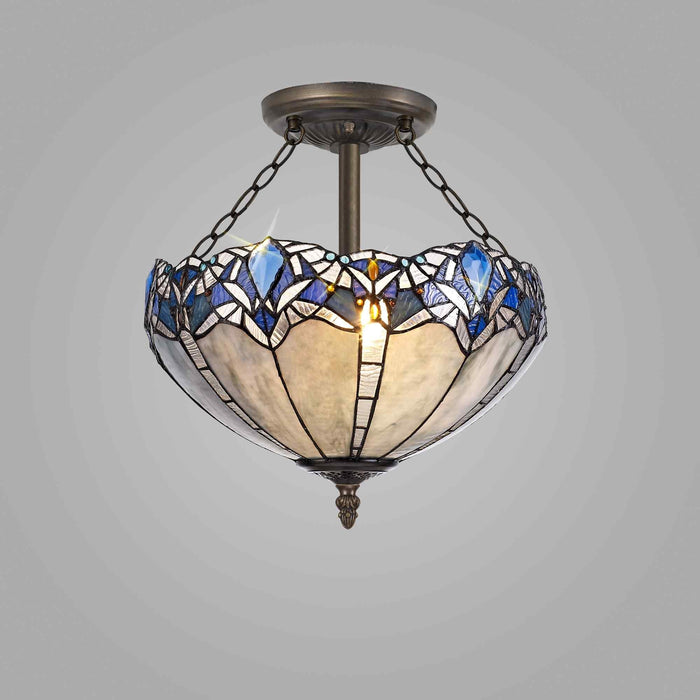 Nelson Lighting NLK01599 Ossie 3 Light Semi Ceiling With 40cm Tiffany Shade Blue/Clear Crystal/Aged Antique Brass