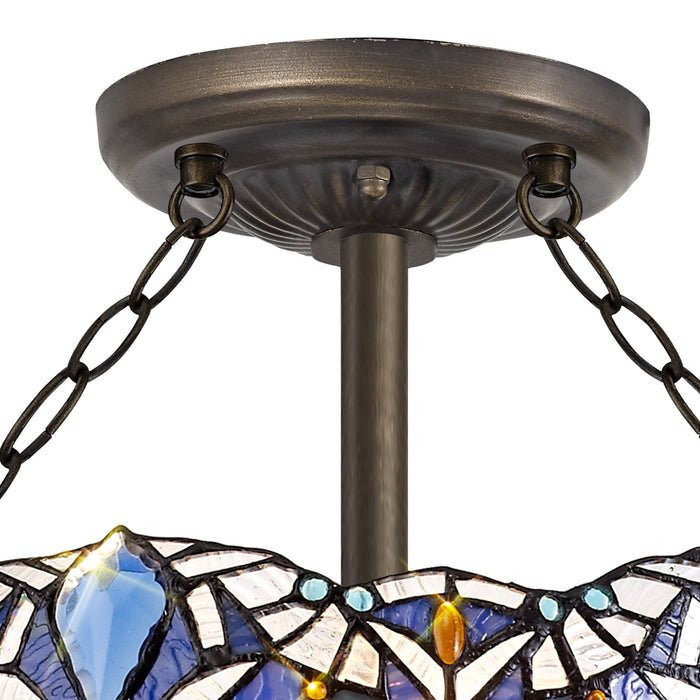 Nelson Lighting NLK01599 Ossie 3 Light Semi Ceiling With 40cm Tiffany Shade Blue/Clear Crystal/Aged Antique Brass