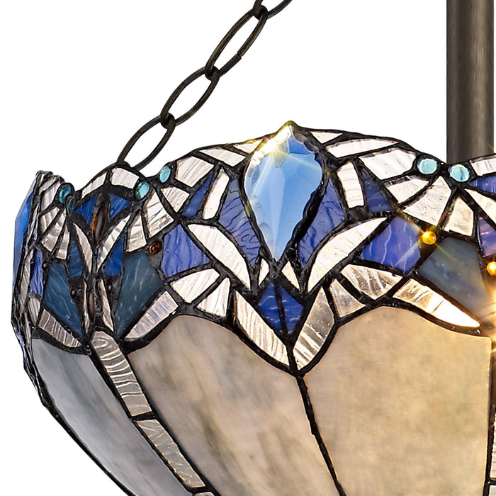 Nelson Lighting NLK01599 Ossie 3 Light Semi Ceiling With 40cm Tiffany Shade Blue/Clear Crystal/Aged Antique Brass