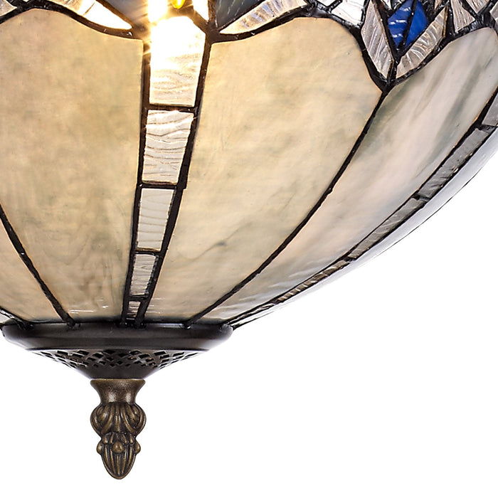 Nelson Lighting NLK01599 Ossie 3 Light Semi Ceiling With 40cm Tiffany Shade Blue/Clear Crystal/Aged Antique Brass