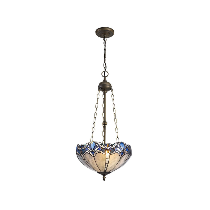 Nelson Lighting NLK01619 Ossie 3 Light Up Lighter Pendant With 40cm Tiffany Shade Blue/Clear Crystal/Aged Antique Brass