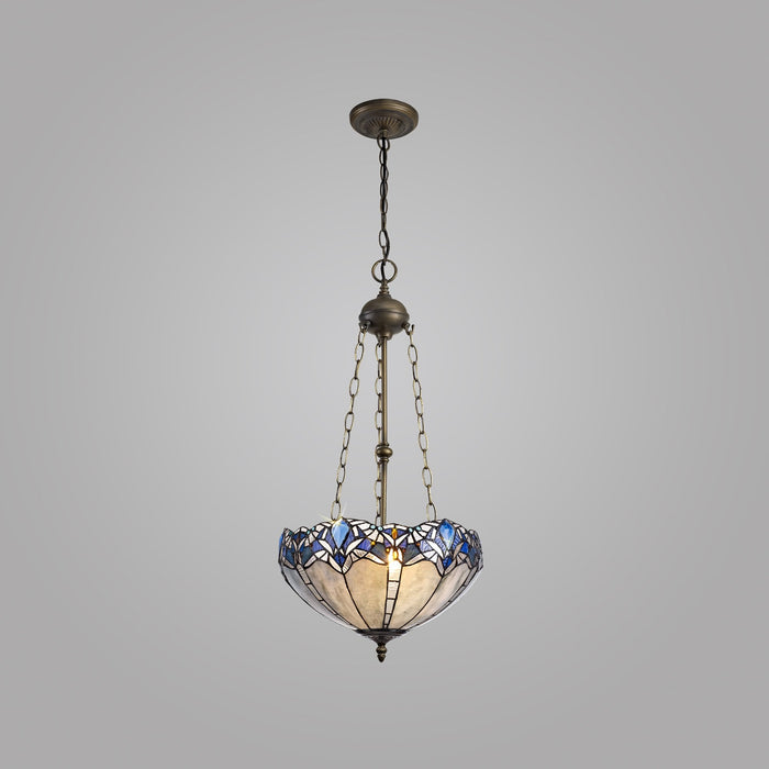 Nelson Lighting NLK01619 Ossie 3 Light Up Lighter Pendant With 40cm Tiffany Shade Blue/Clear Crystal/Aged Antique Brass