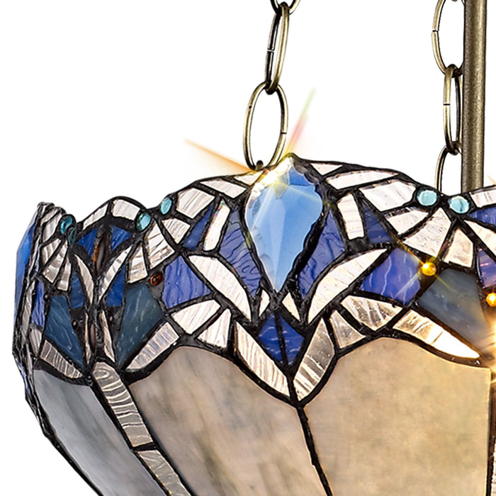 Nelson Lighting NLK01619 Ossie 3 Light Up Lighter Pendant With 40cm Tiffany Shade Blue/Clear Crystal/Aged Antique Brass