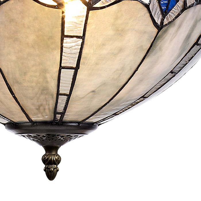 Nelson Lighting NLK01619 Ossie 3 Light Up Lighter Pendant With 40cm Tiffany Shade Blue/Clear Crystal/Aged Antique Brass