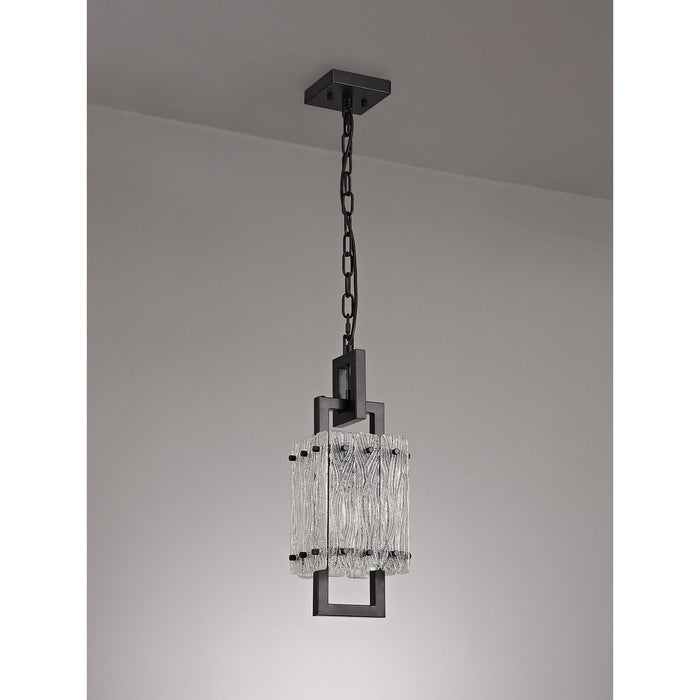 Nelson Lighting NL76839 Sorrel Small Square Pendant 1 Light Matt Black/Crystal Sand Glass