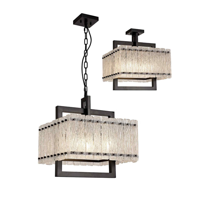 Nelson Lighting NL76849 Sorrel Large Square Pendant 5 Light Matt Black/Crystal Sand Glass