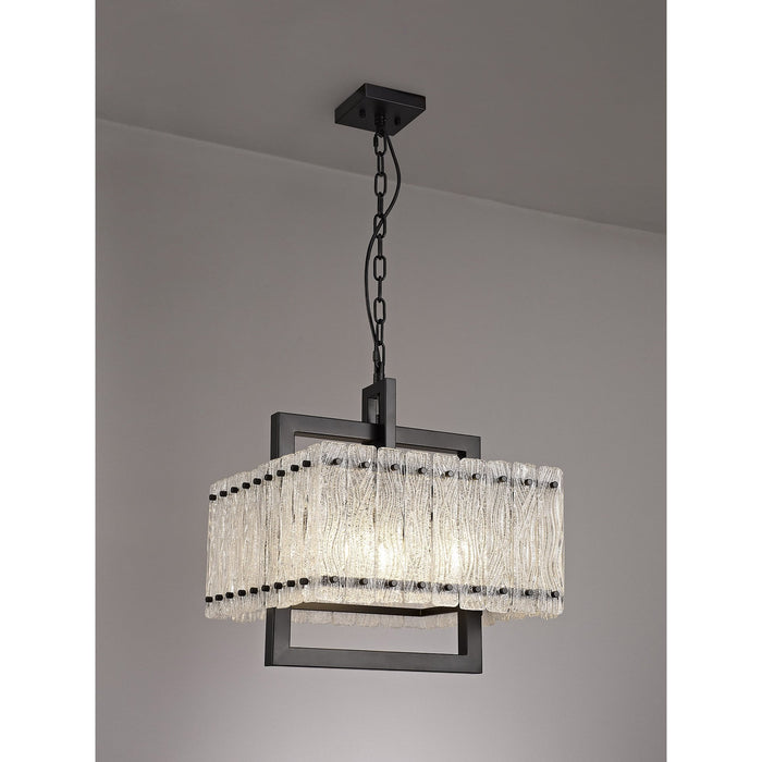 Nelson Lighting NL76849 Sorrel Large Square Pendant 5 Light Matt Black/Crystal Sand Glass