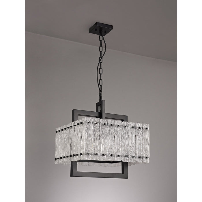 Nelson Lighting NL76849 Sorrel Large Square Pendant 5 Light Matt Black/Crystal Sand Glass