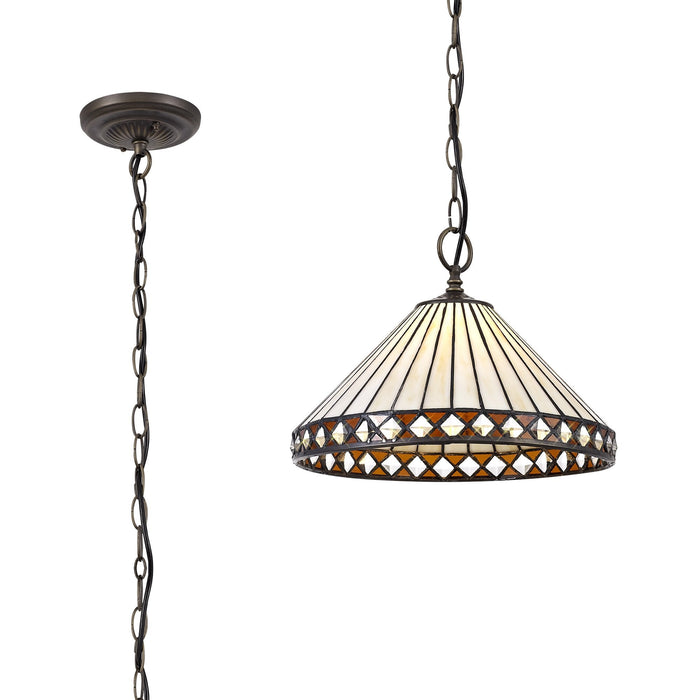 Nelson Lighting NLK02209 Tink 1 Light Down Lighter Pendant With 30cm Tiffany Shade Amber/Chrome/Crystal/Aged Antique Brass