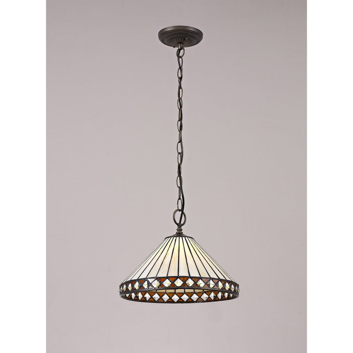 Nelson Lighting NLK02209 Tink 1 Light Down Lighter Pendant With 30cm Tiffany Shade Amber/Chrome/Crystal/Aged Antique Brass