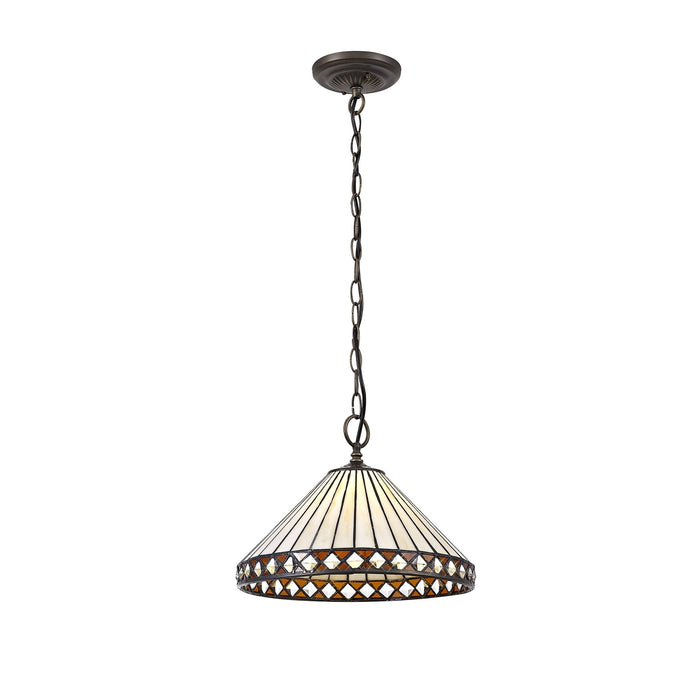 Nelson Lighting NLK02209 Tink 1 Light Down Lighter Pendant With 30cm Tiffany Shade Amber/Chrome/Crystal/Aged Antique Brass