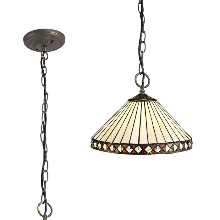 Nelson Lighting NLK02229 Tink 3 Light Down Lighter Pendant With 30cm Tiffany Shade Amber/Chrome/Crystal/Aged Antique Brass