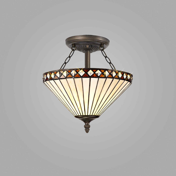 Nelson Lighting NLK02239 Tink 2 Light Semi Ceiling With 30cm Tiffany Shade Amber/Chrome/Crystal/Aged Antique Brass