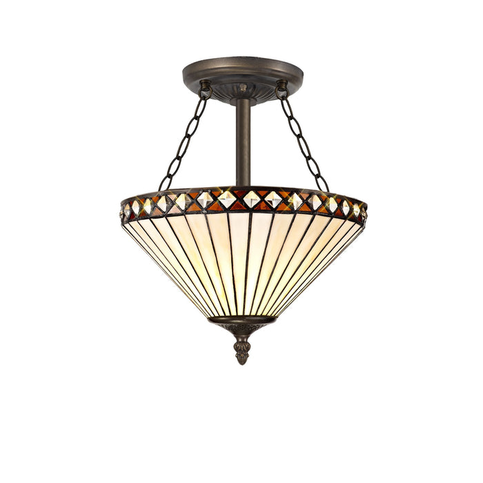 Nelson Lighting NLK02249 Tink 3 Light Semi Ceiling With 30cm Tiffany Shade Amber/Chrome/Crystal/Aged Antique Brass