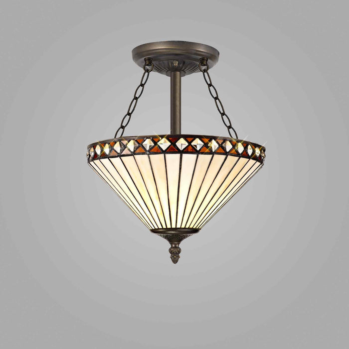 Nelson Lighting NLK02249 Tink 3 Light Semi Ceiling With 30cm Tiffany Shade Amber/Chrome/Crystal/Aged Antique Brass