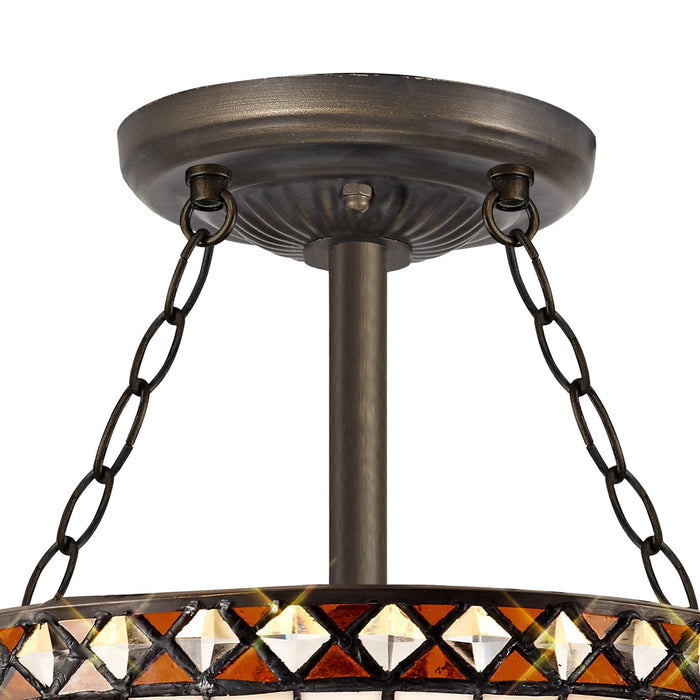 Nelson Lighting NLK02249 Tink 3 Light Semi Ceiling With 30cm Tiffany Shade Amber/Chrome/Crystal/Aged Antique Brass