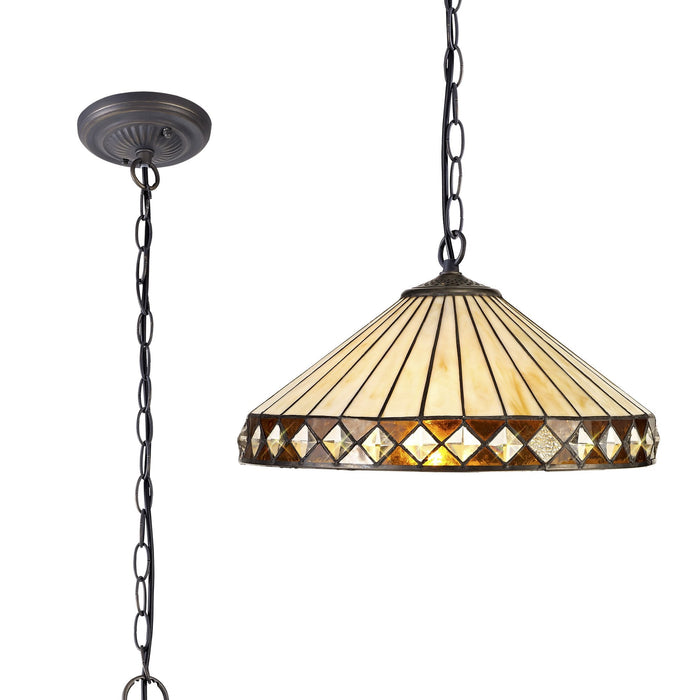 Nelson Lighting NLK02309 Tink 1 Light Down Lighter Pendant With 40cm Tiffany Shade Amber/Chrome/Crystal/Aged Antique Brass