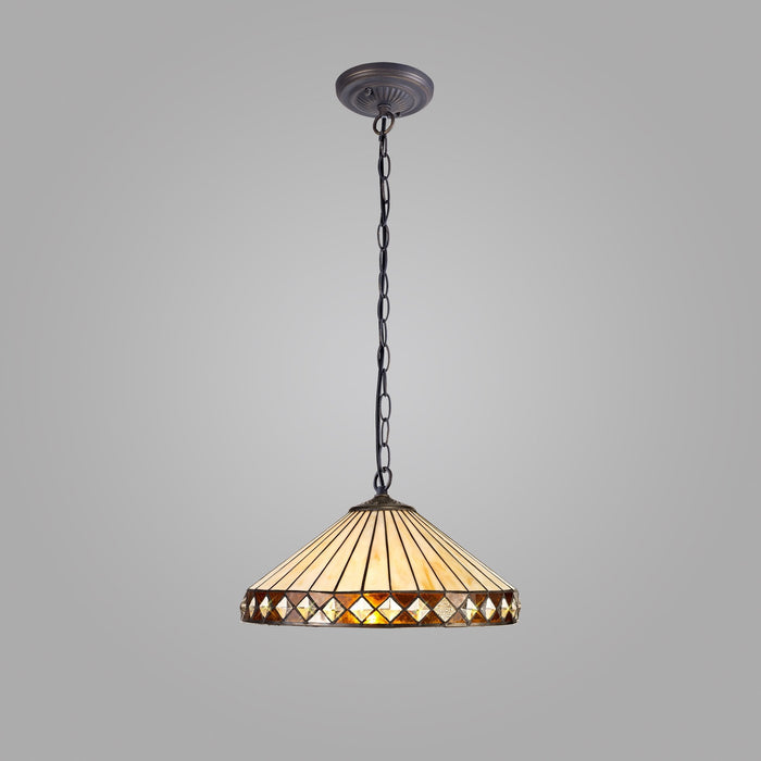 Nelson Lighting NLK02309 Tink 1 Light Down Lighter Pendant With 40cm Tiffany Shade Amber/Chrome/Crystal/Aged Antique Brass