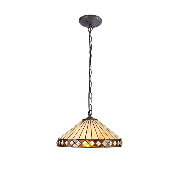 Nelson Lighting NLK02309 Tink 1 Light Down Lighter Pendant With 40cm Tiffany Shade Amber/Chrome/Crystal/Aged Antique Brass