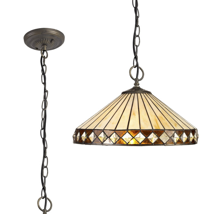 Nelson Lighting NLK02329 Tink 3 Light Down Lighter Pendant With 40cm Tiffany Shade Amber/Chrome/Crystal/Aged Antique Brass