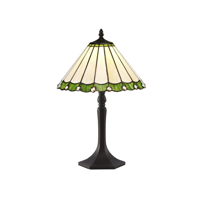 Nelson Lighting NLK02419 Umbrian 1 Light Octagonal Table Lamp With 30cm Tiffany Shade Green/Chrome/Crystal/Aged Antique Brass