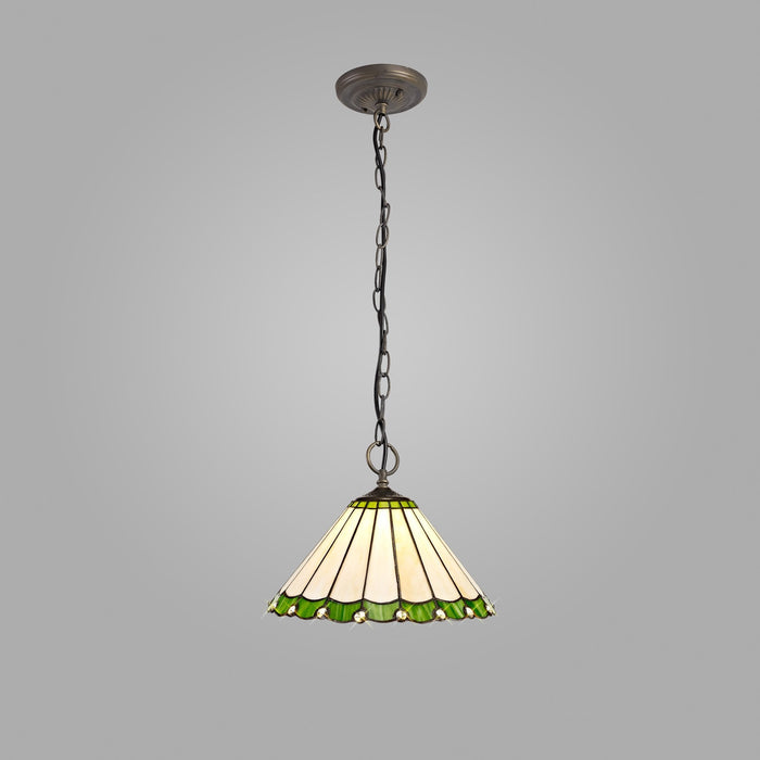 Nelson Lighting NLK02449 Umbrian 3 Light Down Lighter Pendant With 30cm Tiffany Shade Green/Chrome/Crystal/Aged Antique Brass