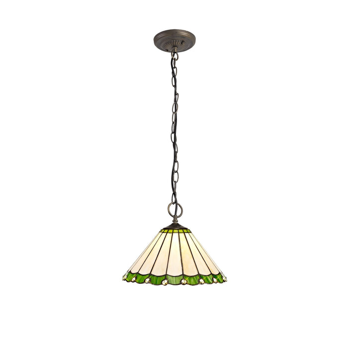 Nelson Lighting NLK02449 Umbrian 3 Light Down Lighter Pendant With 30cm Tiffany Shade Green/Chrome/Crystal/Aged Antique Brass