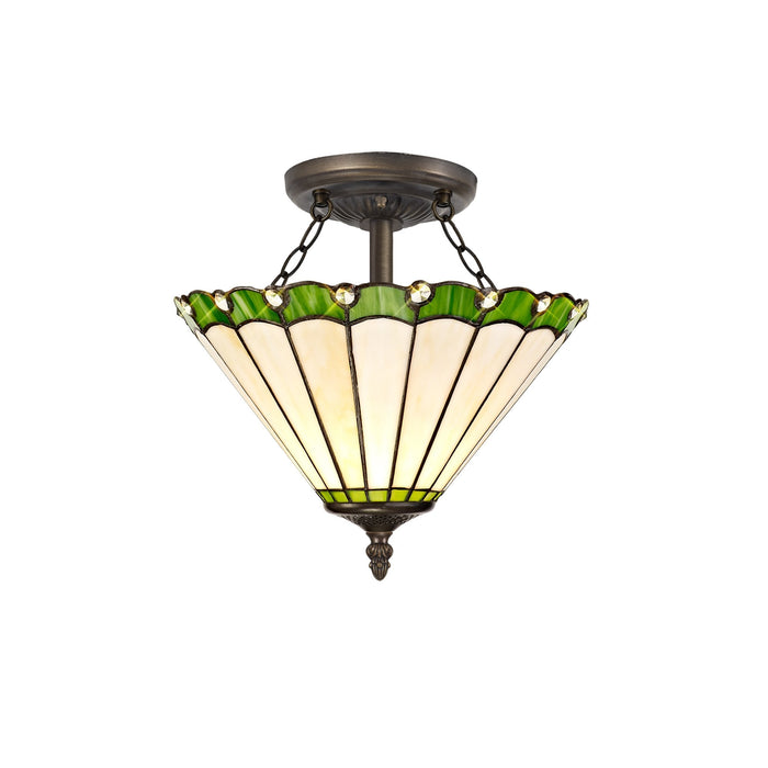 Nelson Lighting NLK02459 Umbrian 2 Light Semi Ceiling With 30cm Tiffany Shade Green/Chrome/Crystal/Aged Antique Brass