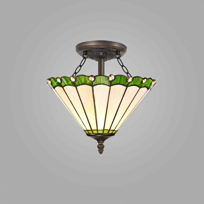 Nelson Lighting NLK02459 Umbrian 2 Light Semi Ceiling With 30cm Tiffany Shade Green/Chrome/Crystal/Aged Antique Brass