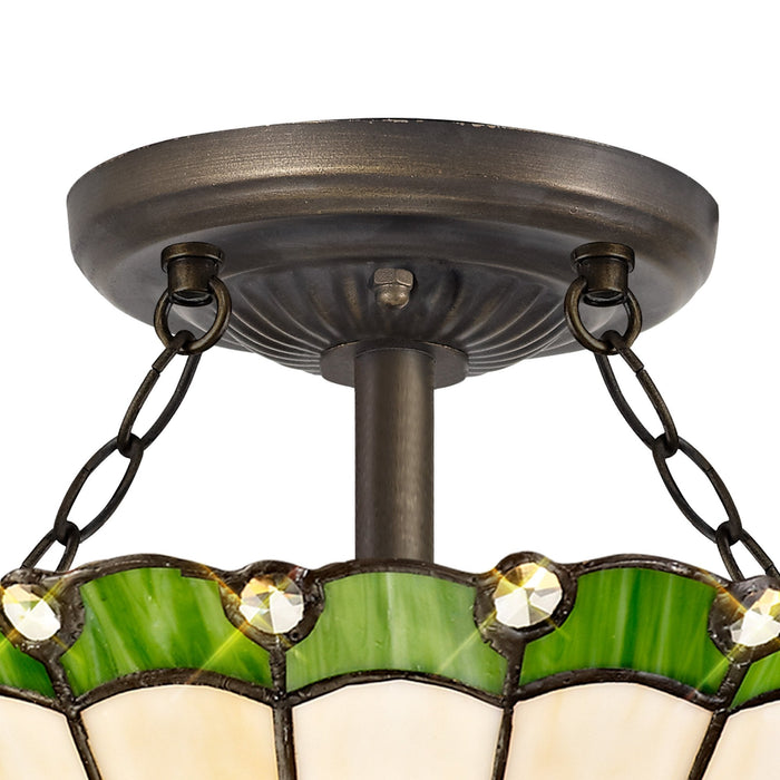 Nelson Lighting NLK02459 Umbrian 2 Light Semi Ceiling With 30cm Tiffany Shade Green/Chrome/Crystal/Aged Antique Brass