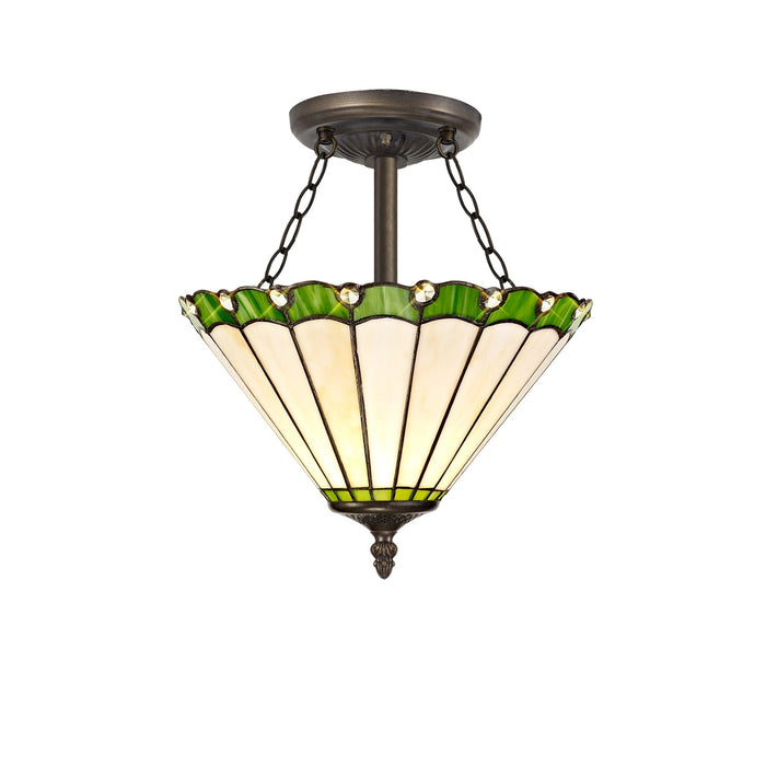 Nelson Lighting NLK02469 Umbrian 3 Light Semi Ceiling With 30cm Tiffany Shade Green/Chrome/Crystal/Aged Antique Brass