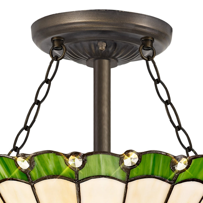 Nelson Lighting NLK02469 Umbrian 3 Light Semi Ceiling With 30cm Tiffany Shade Green/Chrome/Crystal/Aged Antique Brass