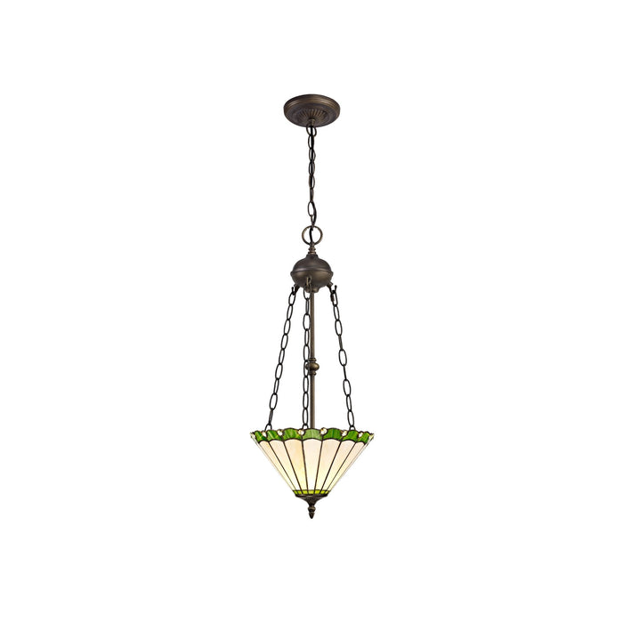 Nelson Lighting NLK02479 Umbrian 2 Light Up Lighter Pendant With 30cm Tiffany Shade Green/Chrome/Crystal/Aged Antique Brass