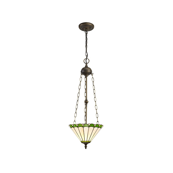 Nelson Lighting NLK02489 Umbrian 3 Light Up Lighter Pendant With 30cm Tiffany Shade Green/Chrome/Crystal/Aged Antique Brass