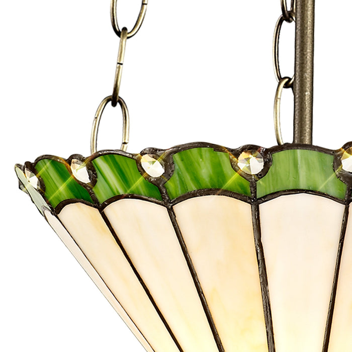 Nelson Lighting NLK02489 Umbrian 3 Light Up Lighter Pendant With 30cm Tiffany Shade Green/Chrome/Crystal/Aged Antique Brass