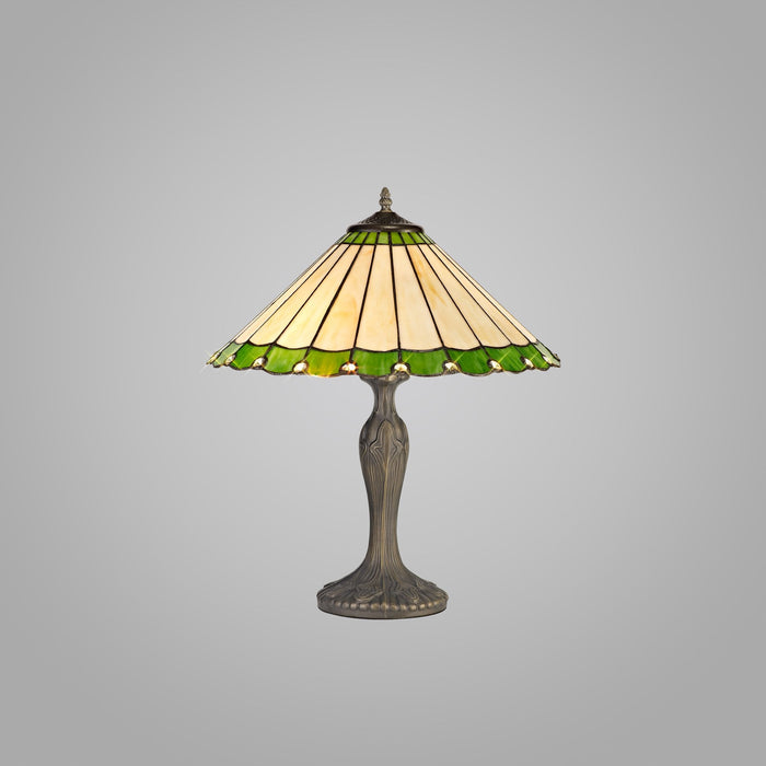 Nelson Lighting NLK02509 Umbrian 2 Light Curved Table Lamp With 40cm Tiffany Shade Green/Chrome/Crystal/Aged Antique Brass